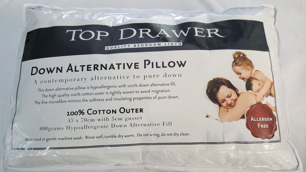 Luxurious down alternative pillow with 800GSM microfiber fill, 100% cotton cover, and hypoallergenic properties.