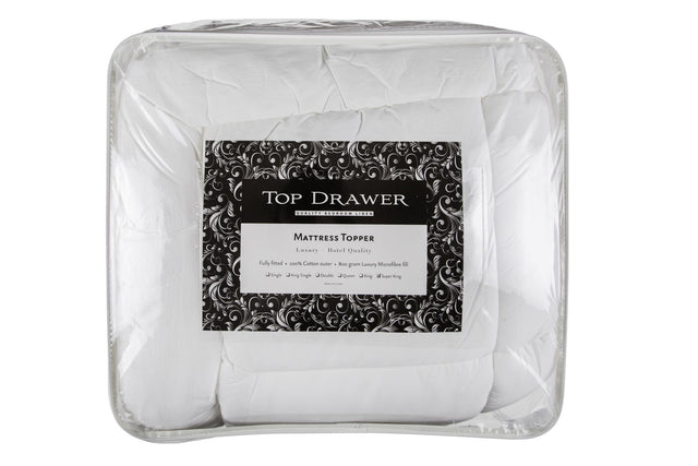 Top Drawer Microfibre Mattress Topper for Single beds, 800GSM, hypoallergenic, quilted for extra comfort.