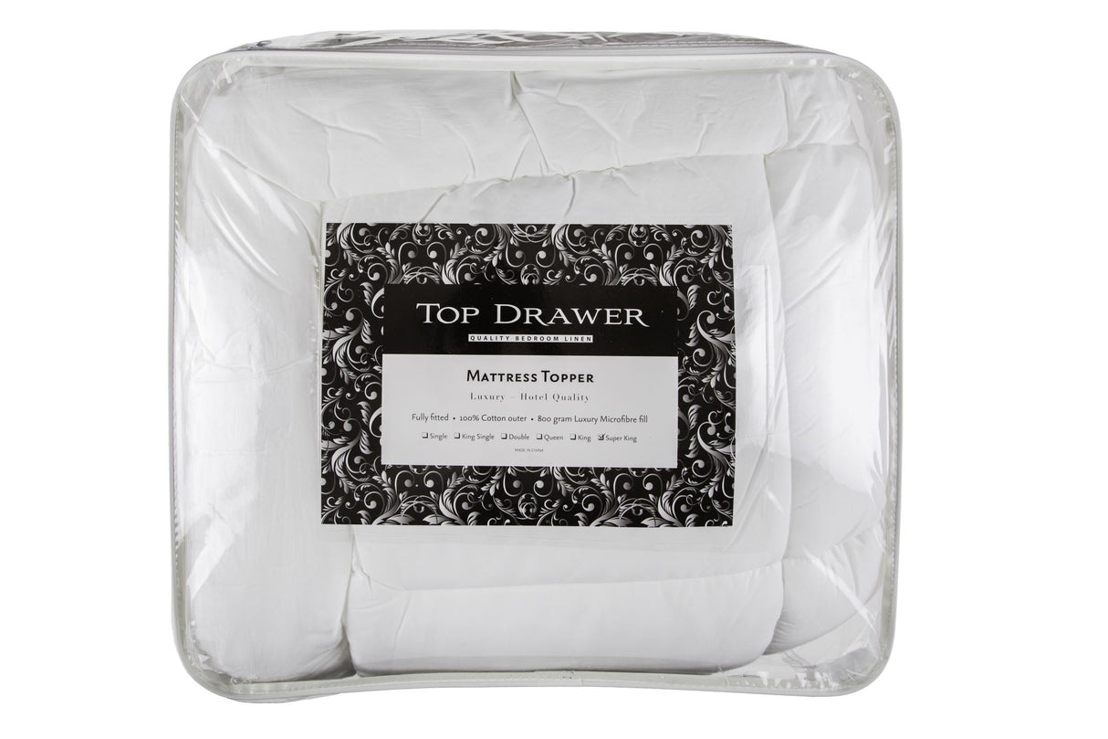 Luxurious King Single Mattress Topper made of 800GSM hypoallergenic microfibre with cotton outer and fitted skirt.