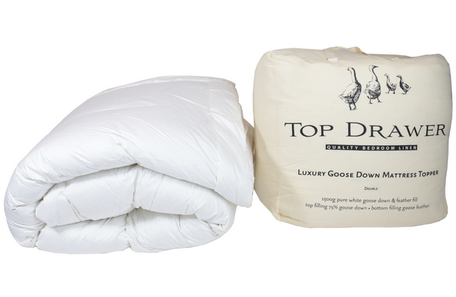 Single Mattress Topper with 75/25 goose down and feather fill, quilted design for enhanced comfort and support.