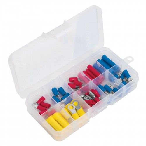 55-piece electrical crimp terminal kit with PVC insulation in yellow, blue, and red, organized in a clear case.