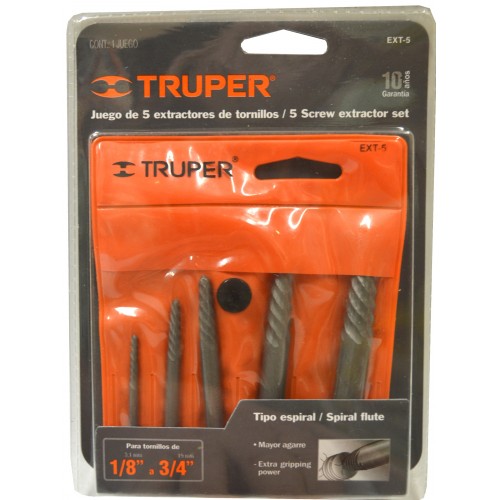 Screw extractors set 3-11mm Chromesteel by Truper, designed for easy removal of stubborn screws, includes 5 durable tools.