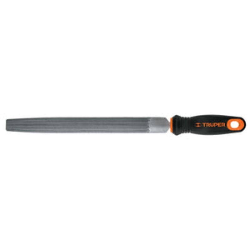 Truper Half Round Bastard Cut File 250mm with ergonomic handle, ideal for precision woodworking and versatile for various materials.
