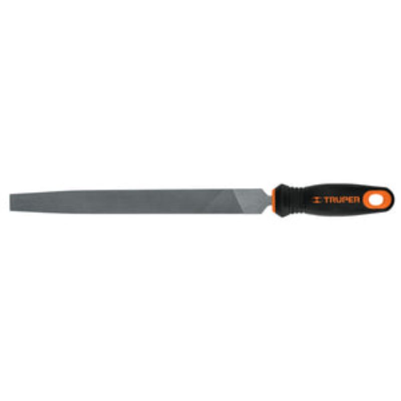 Truper Flat Smooth Cut File 250mm with ergonomic handle for precise finishing on wood, metal, and plastic.
