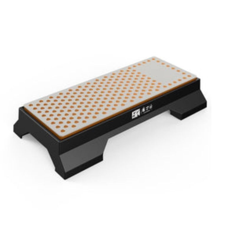 Diamond sharpening stone on base, dual-sided 600/1000 grit for precision tool sharpening, 217mm x 106mm x 44mm.