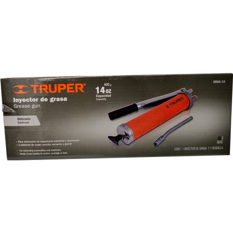 Grease Gun Truper 397g in professional gray, designed for high-pressure lubrication with versatile loading options and secure grip.