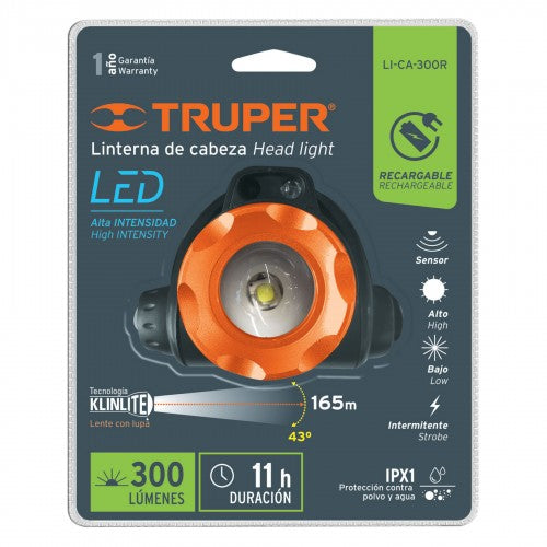 Truper LED Rechargeable USB Headlight, 300 Lumens, adjustable beam, lightweight, ideal for outdoor adventures and hands-free use.