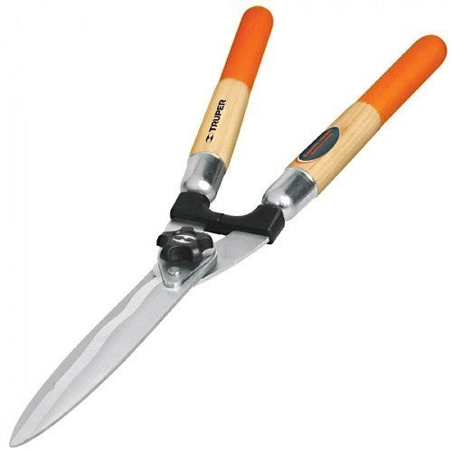 Truper Hedge Shears with Wavy Blade and Wood Handle for precise trimming of hedges and shrubs, ergonomic design with rubber grips.