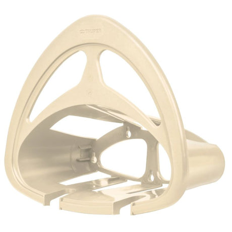 Beige wall-mounted hose hanger by Truper, durable design for effective garden organization and tidy storage solutions.
