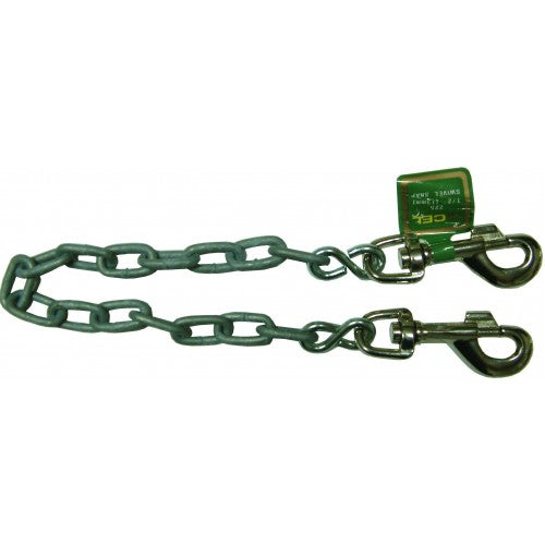 Durable 12-inch tie out chain with metal snap hooks for securely tethering small to medium pets outdoors.
