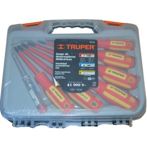 Truper Insulated 7 Piece Turnscrew Set with durable chrome vanadium steel and slip-resistant handles for safe electrical work.