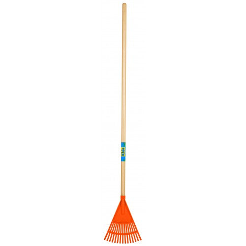 Kids leaf rake with plastic head and 1150mm ash handle, designed for young gardeners aged 4 and up.