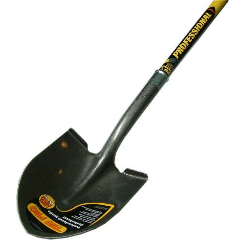 Truper Pro #2 shovel with fiberglass handle, durable carbon steel head, ideal for gardening and landscaping tasks.