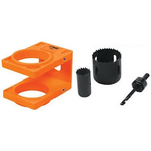 Truper Hole Saws-Lock Install Kit for precise lock installation on wooden doors, includes saws, mandrel, and template.