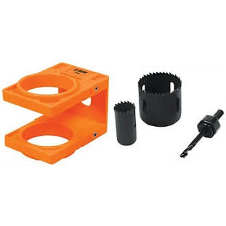 Truper Hole Saws-Lock Install Kit for precise lock installation on wooden doors, includes saws, mandrel, and template.