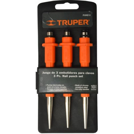 Nail Punch Set Truper 3pce with finger protectors for precise carpentry and joinery, made from durable chrome vanadium steel.