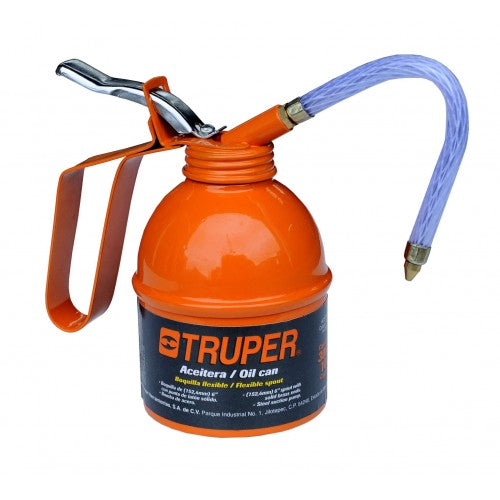 Truper Oil Can 300ml with flexible spout, solid brass tip, and durable design for precise oil dispensing.