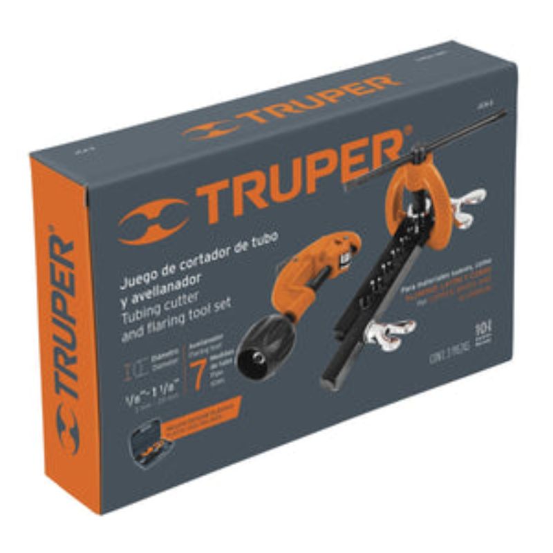 Pipe cutting and flaring kit for metals 3-29mm, includes tube cutter and countersink for precise cuts and joints.