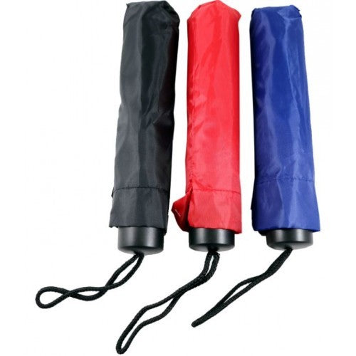 Compact travel umbrella in assorted colours, perfect for shielding against rain and wind while on the go.