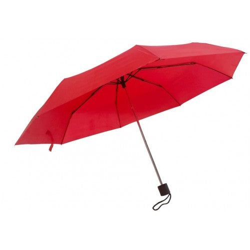 Compact travel umbrella in assorted vibrant colours, providing style and durability against rain and wind.