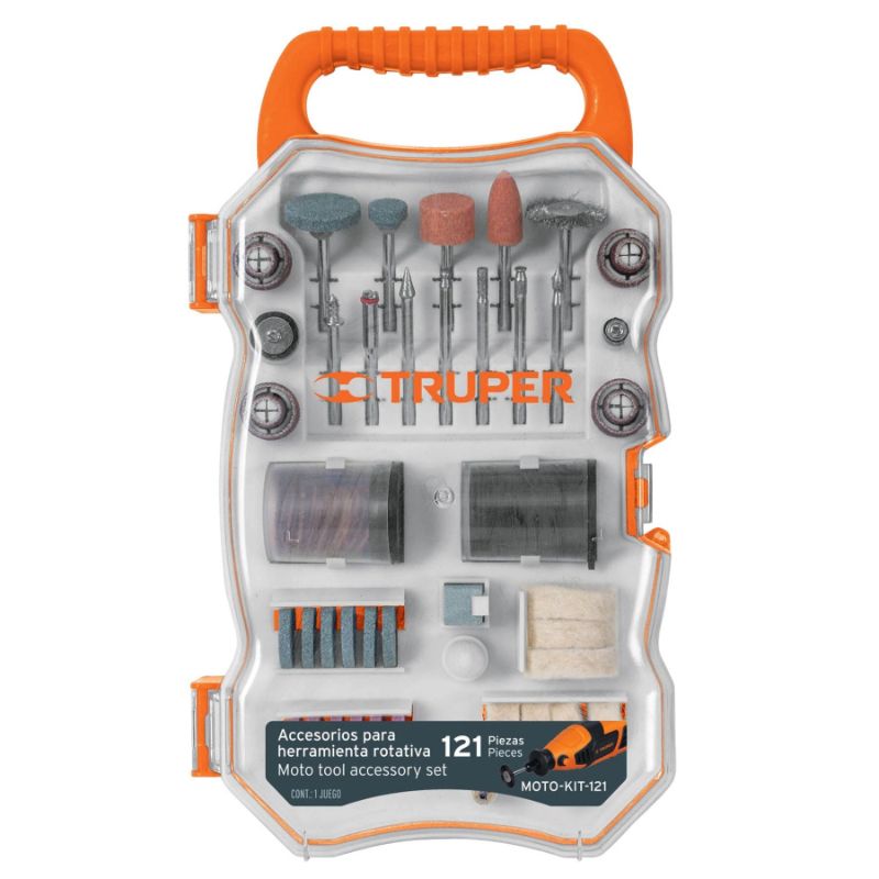 121-piece Rotary Tool Accessory Kit by Truper, ideal for cutting, engraving, and polishing in various DIY projects.