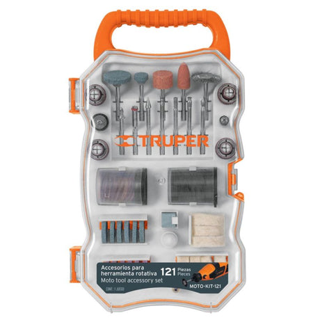 121-piece Rotary Tool Accessory Kit by Truper, ideal for cutting, engraving, and polishing in various DIY projects.
