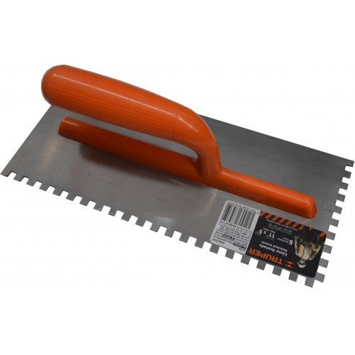 Truper 11x5" Square Notched Plasterers Trowel with durable steel blade and ergonomic ABS handle for precise plastering applications.