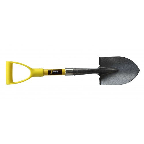 Compact round mouth shovel with fibreglass handle, ideal for outdoor adventures and small digging tasks.