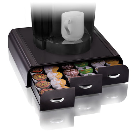 Esselte Anchor coffee pod organizer in black, storing up to 42 pods in 3 drawers, designed for home and office efficiency.