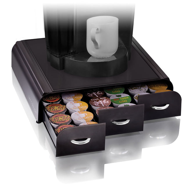 Esselte Anchor coffee pod organizer in black, storing up to 42 pods in 3 drawers, designed for home and office efficiency.