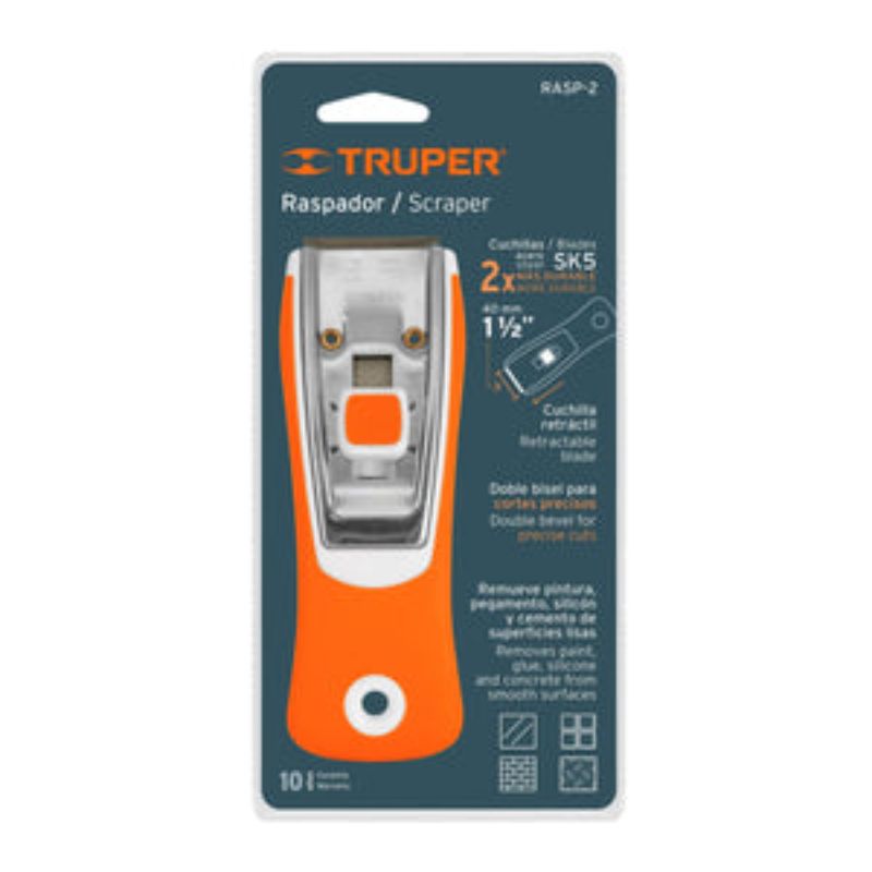 Retractable Truper Safety Scraper with ergonomic grip, ideal for adhesive removal and glass cleaning, ensuring user safety.