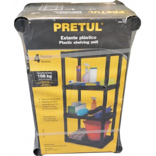 Sturdy 4-level plastic storage shelf with 108kg capacity per shelf, perfect for organizing any space easily.