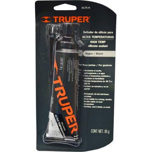 Truper Hi-Temp Silicone Sealant in black, withstands -50°C to 250°C, ideal for extreme automotive and industrial applications.