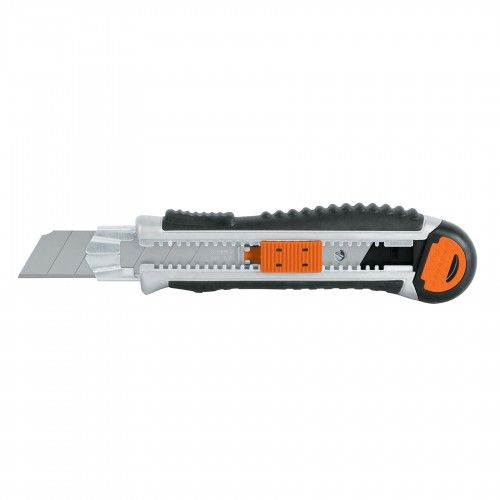 TRUPER Utility Knife with steel body, 25mm blade, ergonomic grip, and built-in storage for extra blades.
