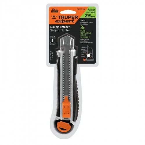 TRUPER Utility Knife with robust steel body, 25mm blade, ergonomic grip, and storage for 4 extra blades.