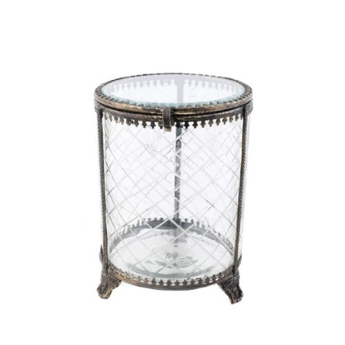 ROUND JEWELLERY BOX - BRASS & GLASS (14cm)