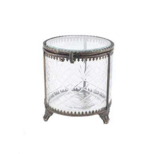 ROUND JEWELLERY BOX - BRASS & GLASS (12cm)