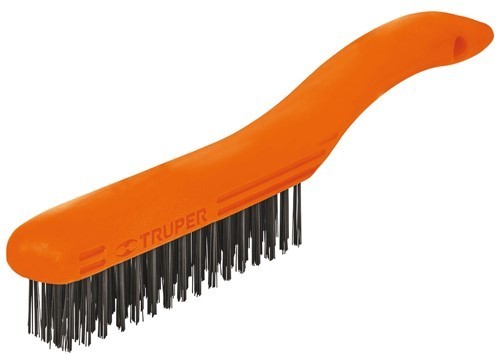 Truper Wire Brush with plastic handle, 64 carbon steel bristles for effective rust and paint removal from metal surfaces.