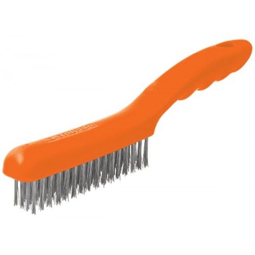 Durable wire brush with stainless steel bristles and plastic handle, ideal for heavy-duty cleaning tasks.