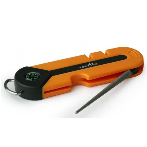 Compact 4-in-1 outdoor knife sharpener with tungsten carbide, ceramics, and diamond surfaces in vibrant orange.