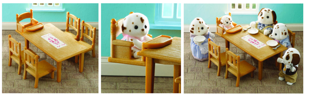 Sylvanian Families dining set featuring a charming table, four chairs, and a detachable baby seat for imaginative play.