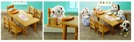 Sylvanian Families dining set featuring a charming table, four chairs, and a detachable baby seat for imaginative play.