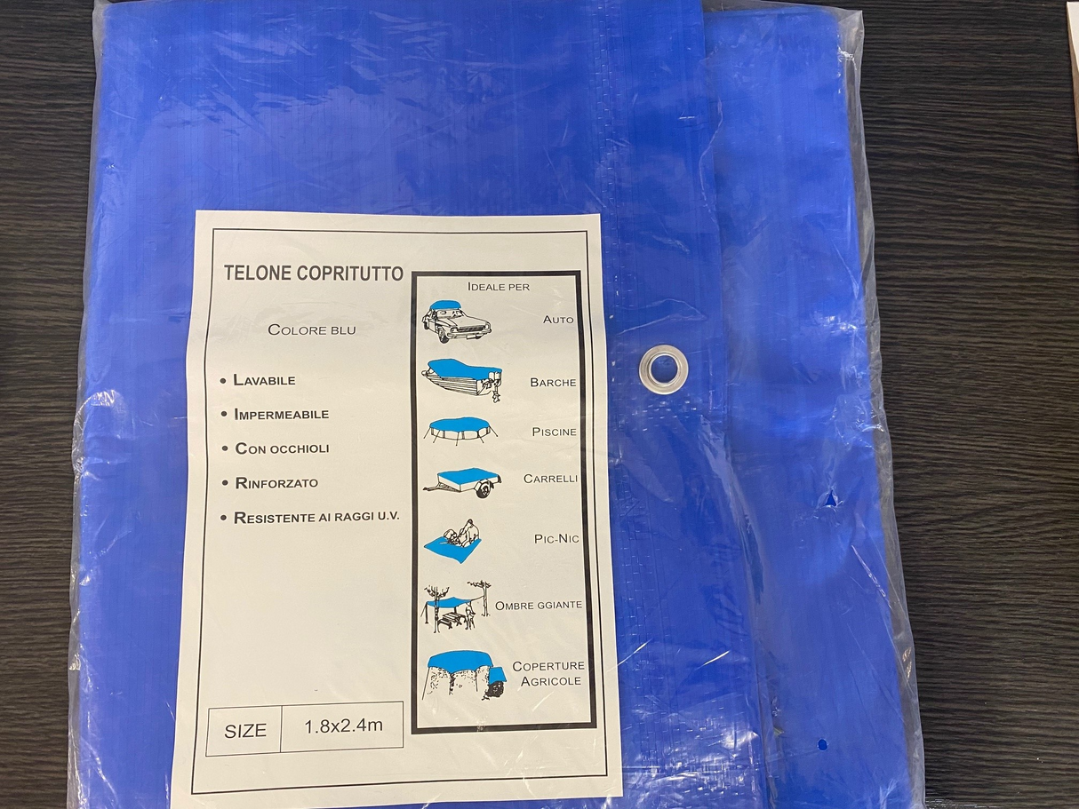 Blue waterproof polyethylene tarpaulin, 1.8x2.4m, durable and lightweight, ideal for outdoor and indoor protection.