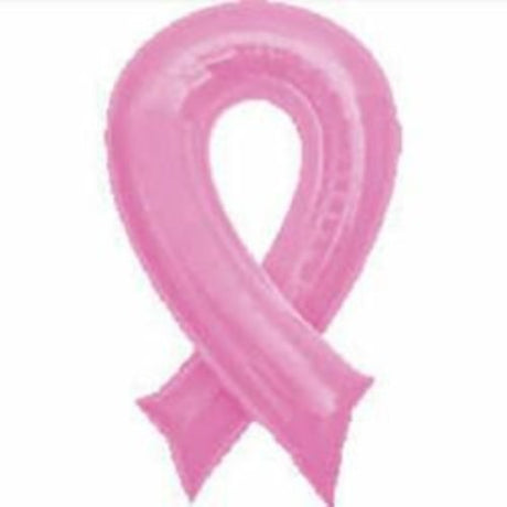 Vibrant pink ribbon foil balloon, 91cm high, symbolizes breast cancer awareness and support for affected individuals.
