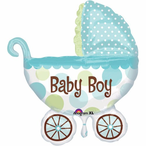 71cm x 79cm boys' buggy pram foil balloon for baby showers and gender reveals, self-sealing and helium-inflatable.