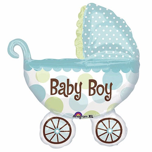 Mini Shape Baby Boy Buggy flat foil balloon, perfect for baby showers and birthdays, easy to inflate and durable.