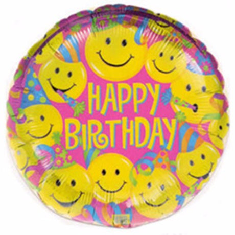 Vibrant 22cm foil balloon with a smiling face, perfect for adding joy to birthday celebrations and party decorations.