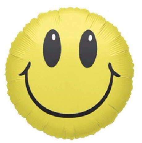 Cheerful 45cm yellow foil balloon featuring a classic smiley face, perfect for parties and celebrations.