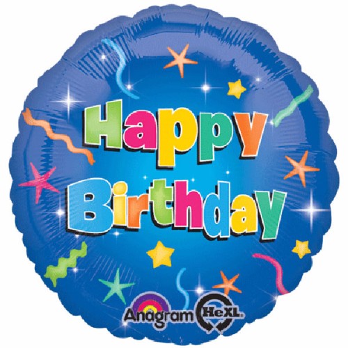 45cm Happy Birthday foil balloon with colorful stars and cheerful message, perfect for vibrant birthday celebrations.
