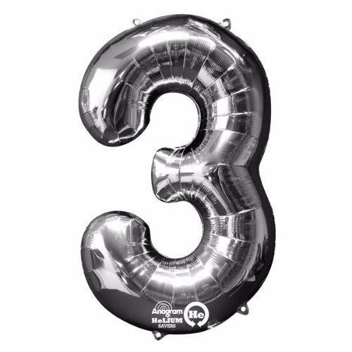 Silver foil Shape Number Three balloon, 86cm, self-sealing for air or helium, perfect for elegant party décor.